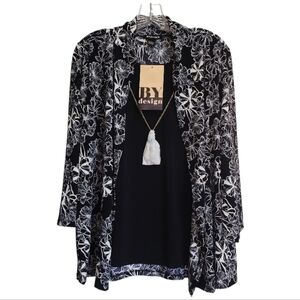 BY Design Women’s 3/4 Sleeve 2-Fer Knit Top Black White Floral Print